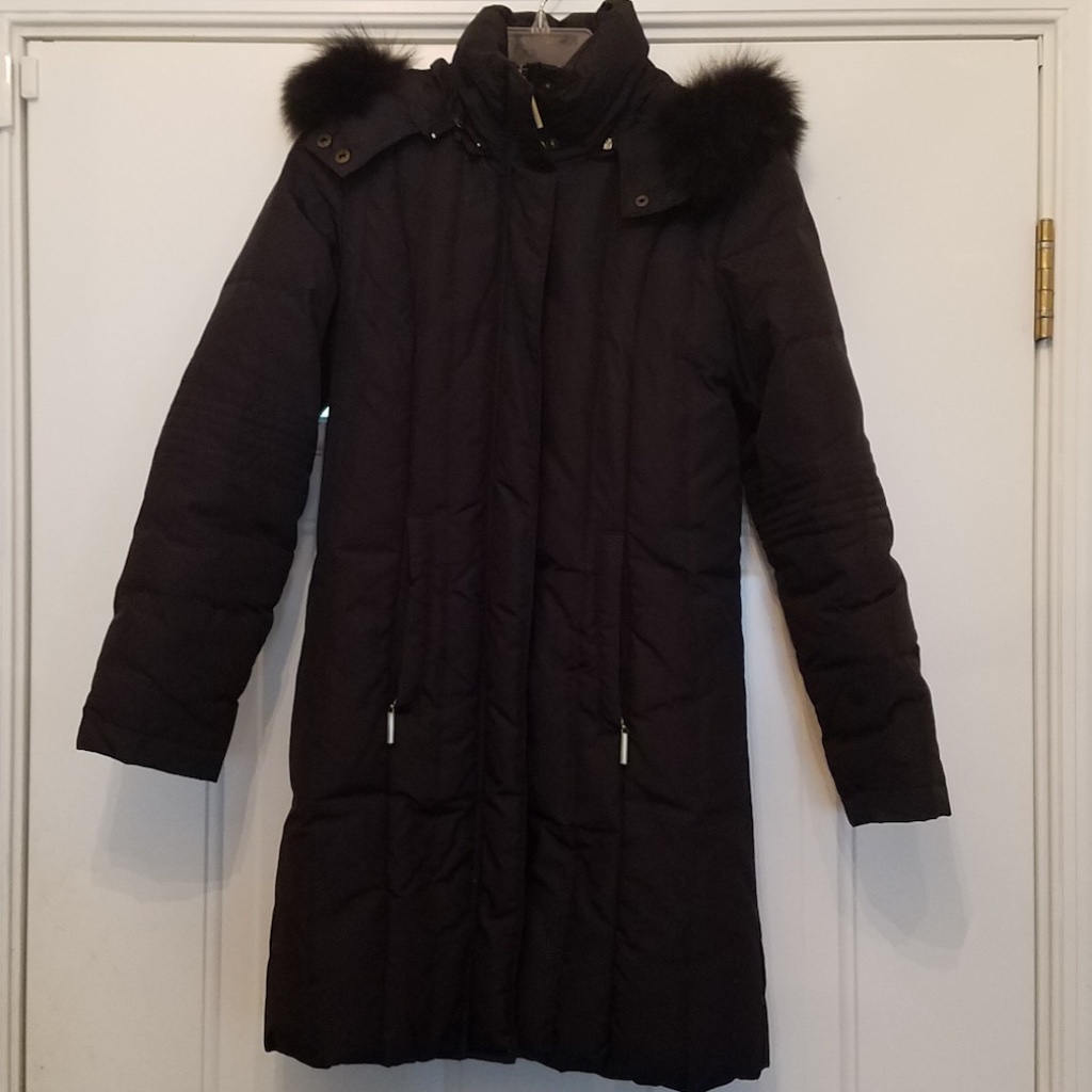 Dana Buchman Down Puffer Coat With Detachable Hood & Real Fur Trim
